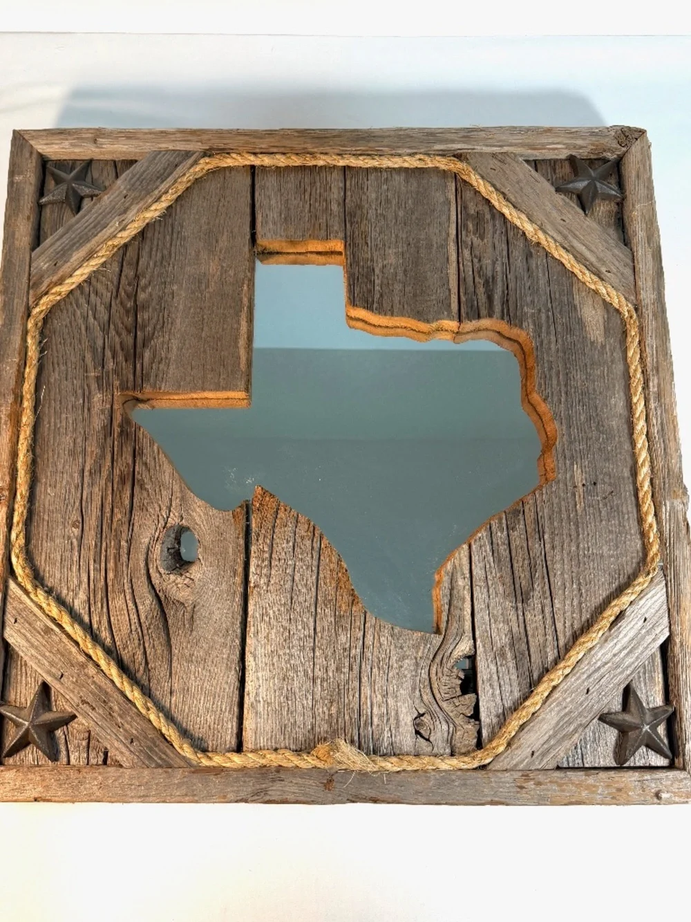 Rustic Cedar Wood Texas Shaped Wall Mirror, Rope, Stars, 17